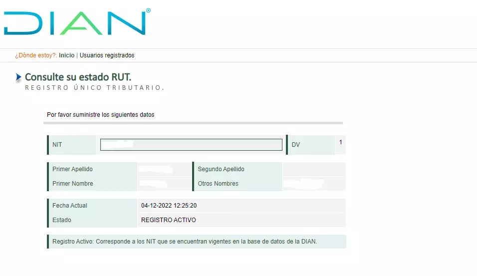 Datos de confirmación del nit